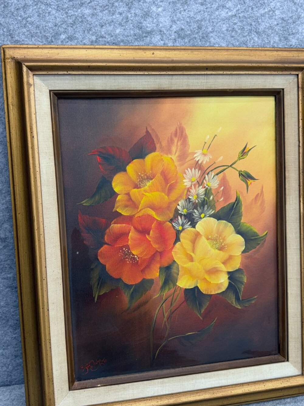 Vintage Floral Still Life Oil Painting Signed Framed Mid Century Yellow Orange - Picture 3 of 14